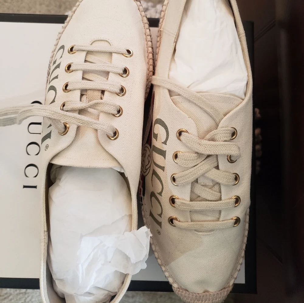Gucci Cream Canvas Platform Espadrilles with Red and Navy Stripes